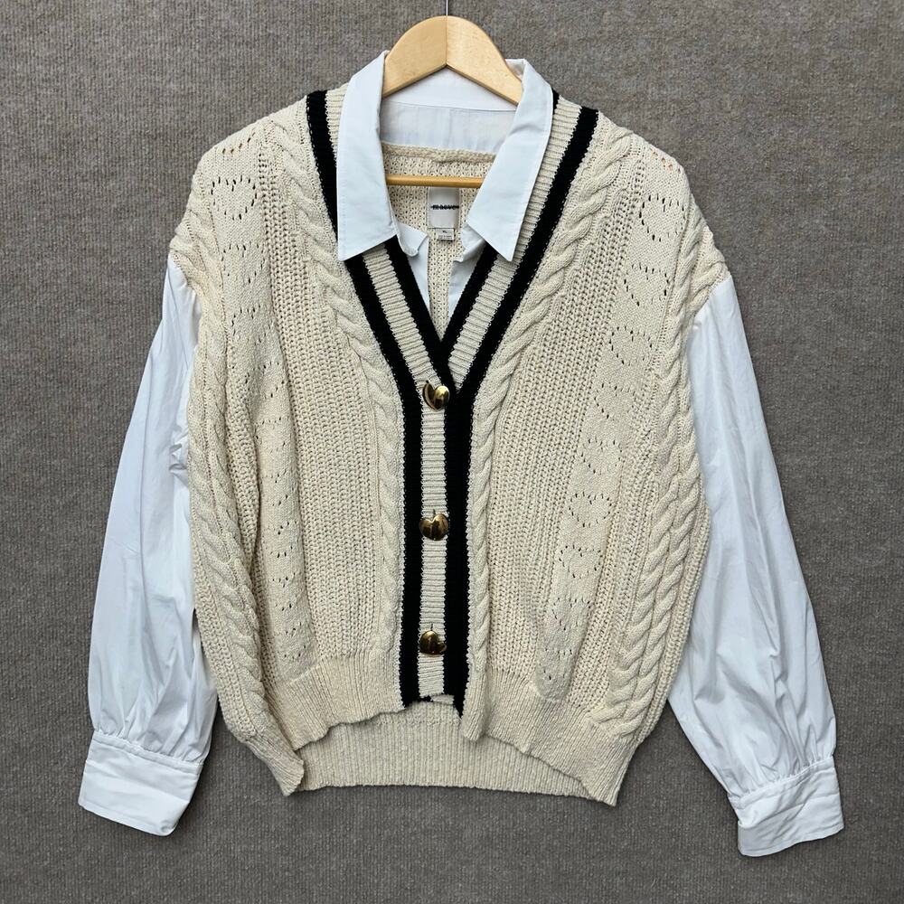 Anthropologie Maeve Cable Knit Varsity Twofer Cardigan Sweater Shirt Combo XL